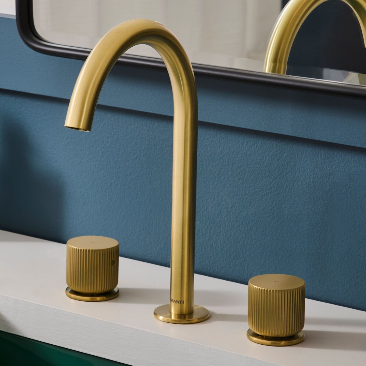 Ruvati Fabio Two Handle Widespread Textured Knob Arc Round Neck Bathroom Faucet in Brushed Gold - RVF5238SG