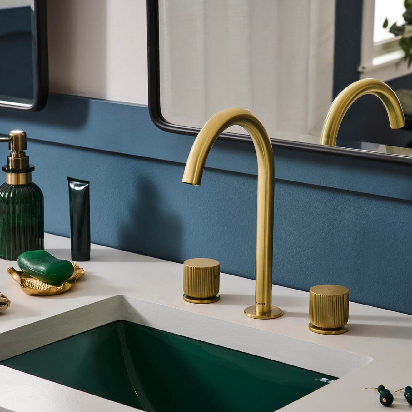 Ruvati Fabio Two Handle Widespread Textured Knob Arc Round Neck Bathroom Faucet in Brushed Gold - RVF5238SG