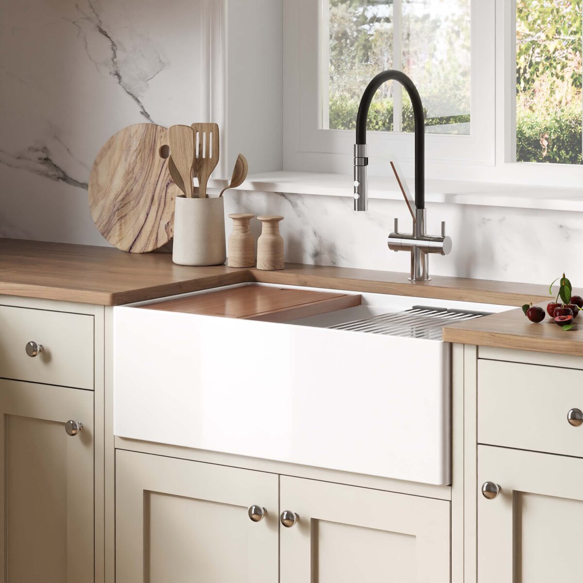 Ruvati 30" White Fireclay Apron Workstation Sink