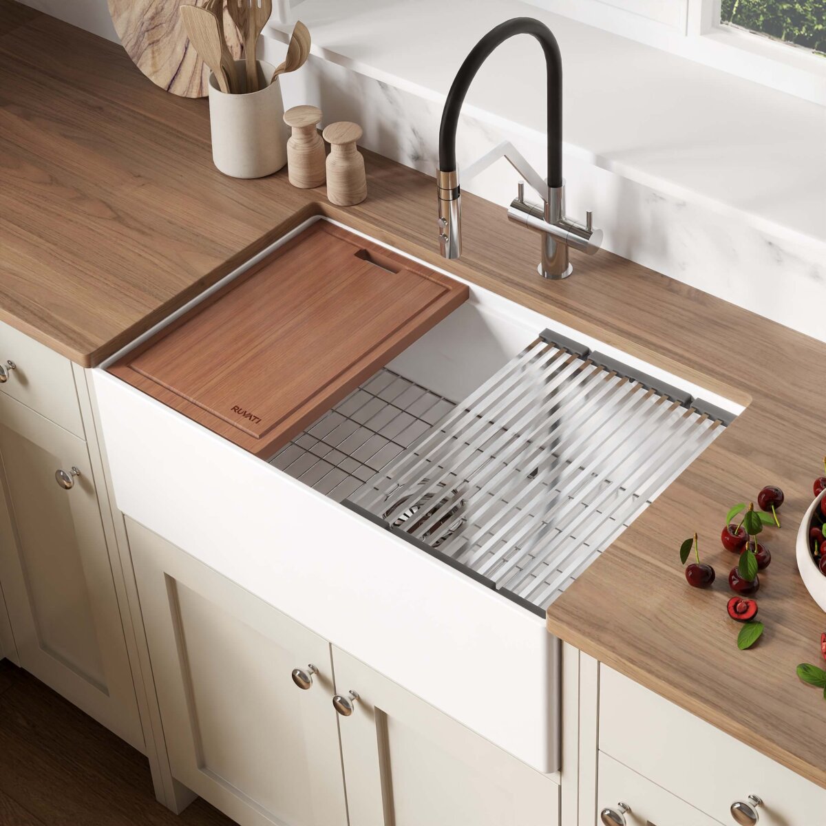 Ruvati 30" White Fireclay Apron Workstation Sink