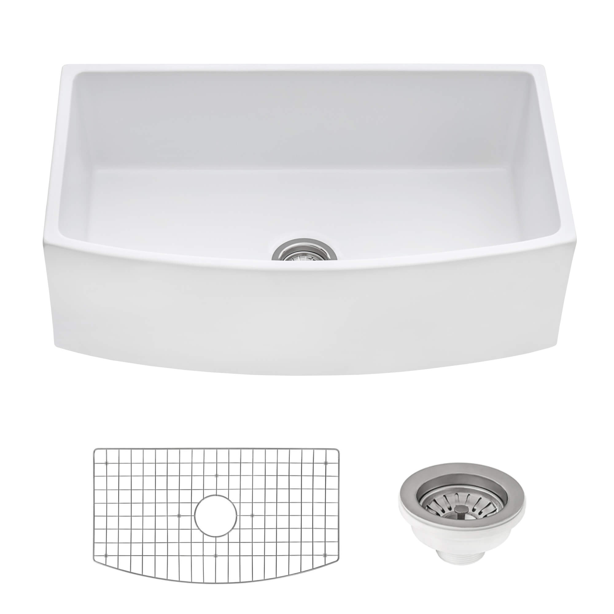 Ruvati 33" White Fireclay Bow-Front Farmhouse Kitchen Sink