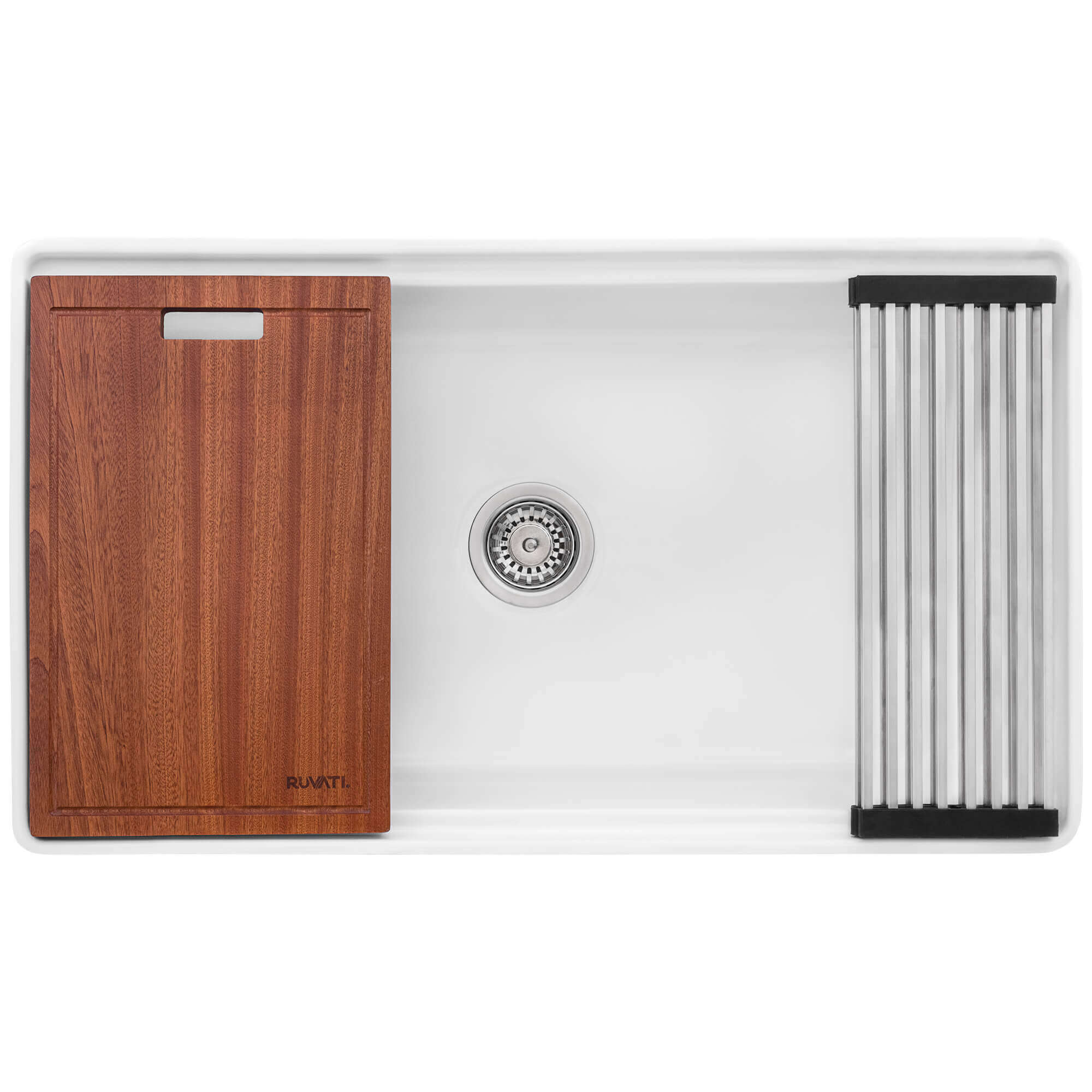 Ruvati 33" Fireclay Workstation White Farmhouse Kitchen Sink Apron Front Single Bowl - RVL2387WH