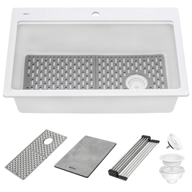 Ruvati 33" Granite Composite Workstation Drop-in Topmount Kitchen Sink Matte White - RVG1302WH