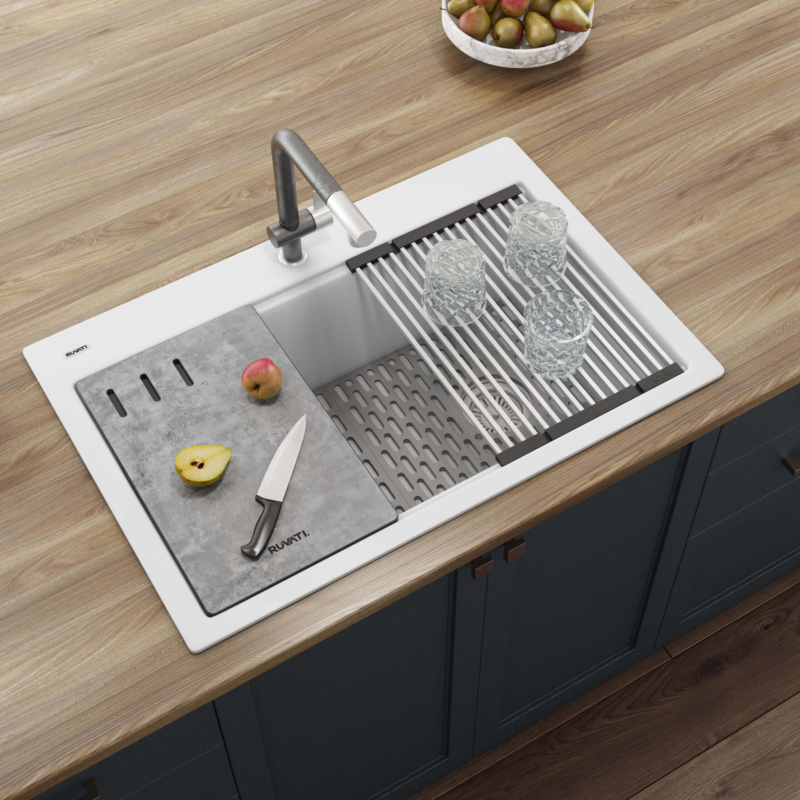 Ruvati 33" Granite Composite Workstation Drop-in Topmount Kitchen Sink Matte White - RVG1302WH