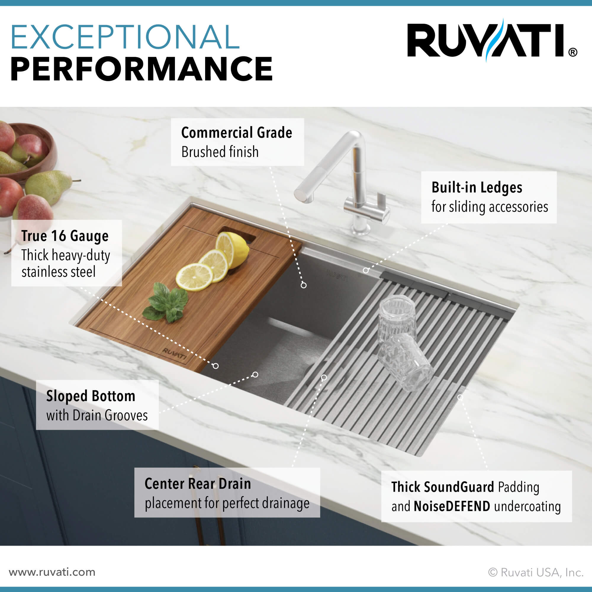 Ruvati 33" Single Bowl Workstation Sink with Small Radius Corners