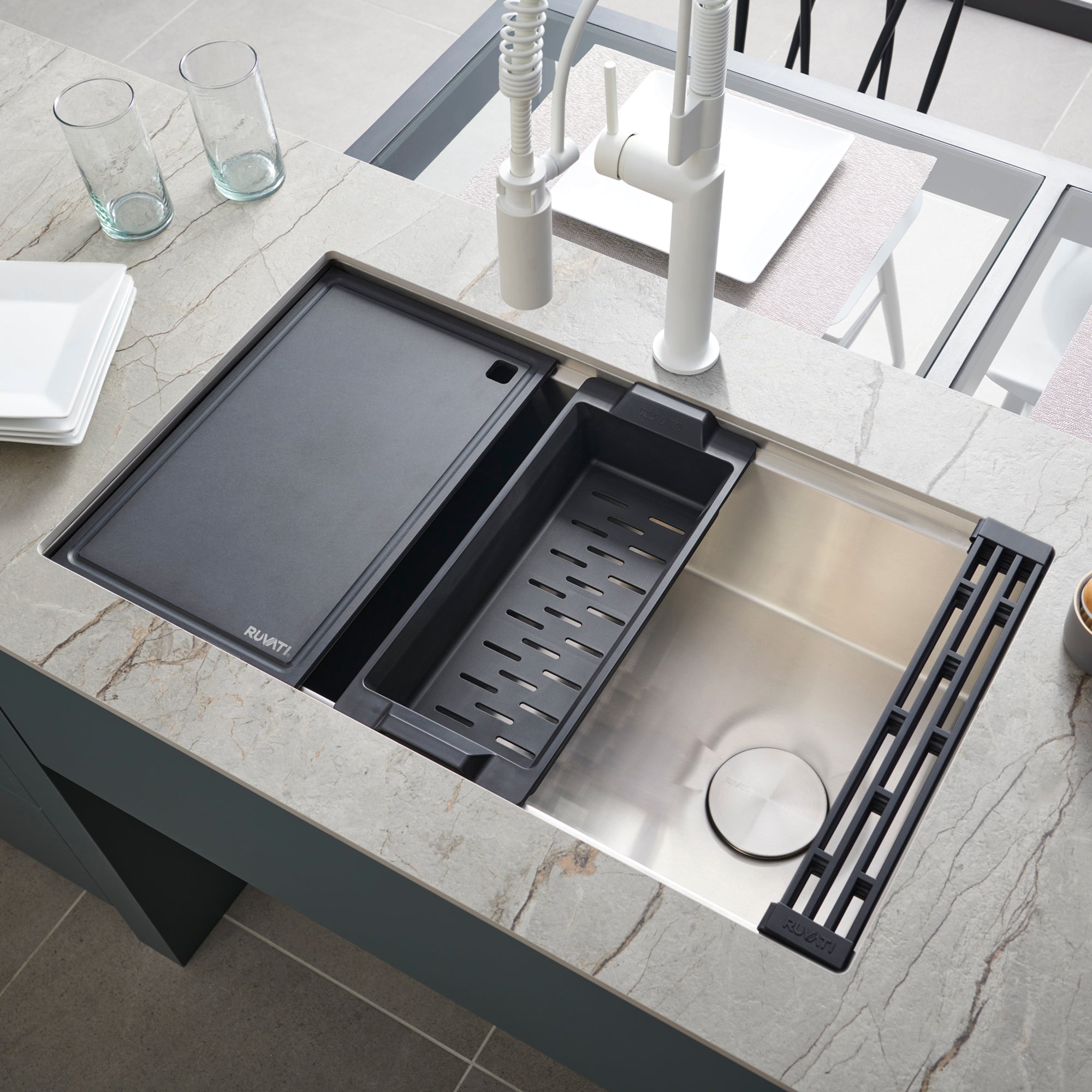 Ruvati 33" Undermount Workstation Offset Drain Kitchen Sink