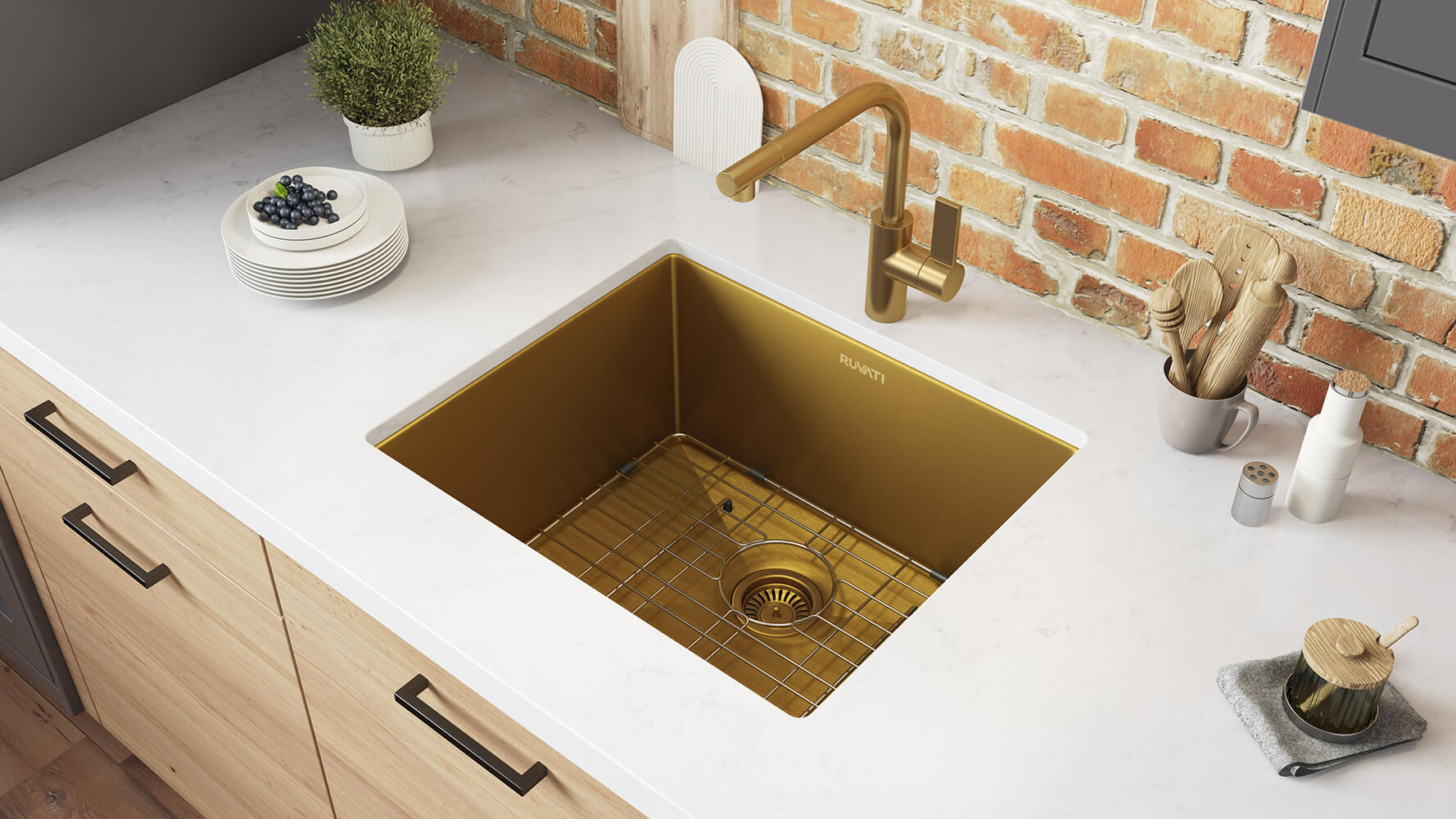Ruvati RVH7121GG 21" Undermount Tight Radius Matte Gold Stainless Steel Single Bowl Kitchen Sink