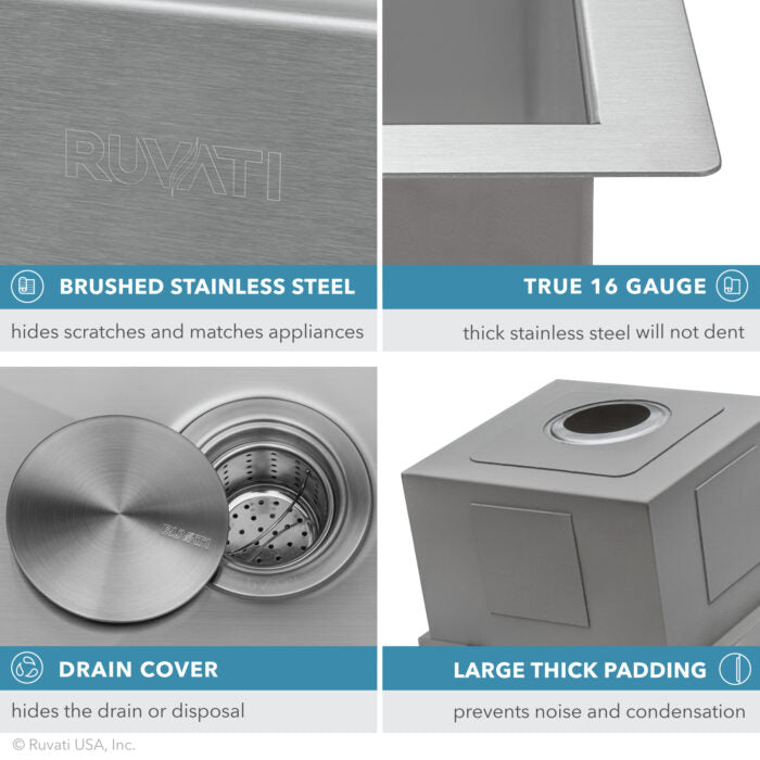 Ruvati RVH8319 18" Undermount 16 Gauge Workstation Prep Sink