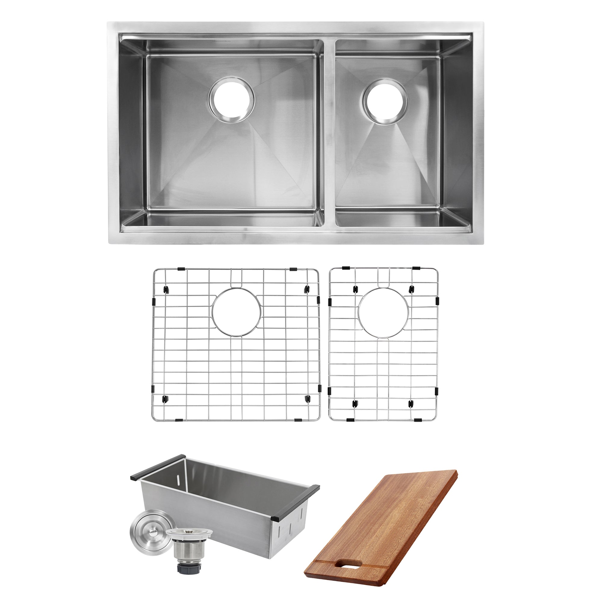 Nantucket Sinks SR-PS-3219-OS-16 Offset Double Bowl Workstation Small Radius Undermount Stainless Sink with Accessories