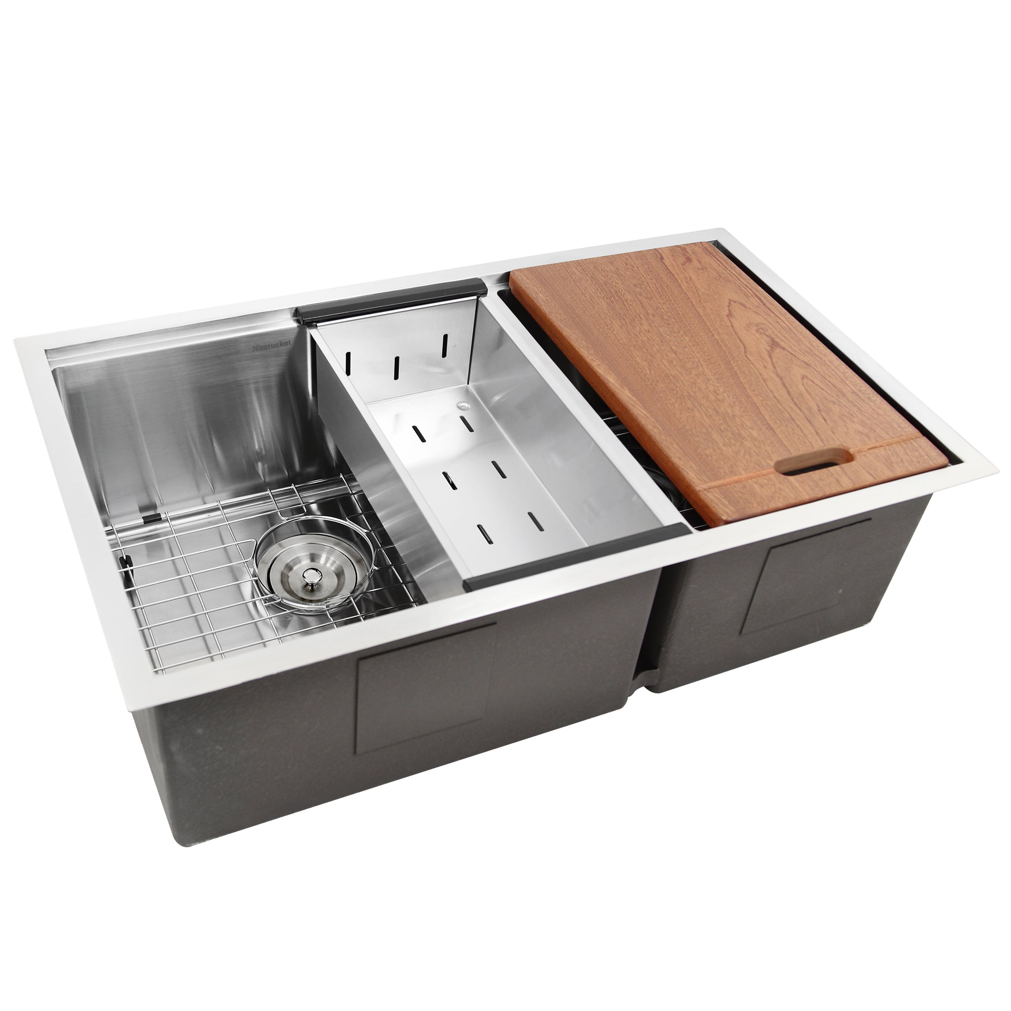 Nantucket Sinks SR-PS-3219-OS-16 Offset Double Bowl Workstation Small Radius Undermount Stainless Sink with Accessories