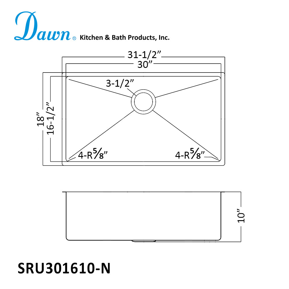 Dawn 32" Single Bowl Undermount 18 Gauge Stainless Steel Kitchen Sink