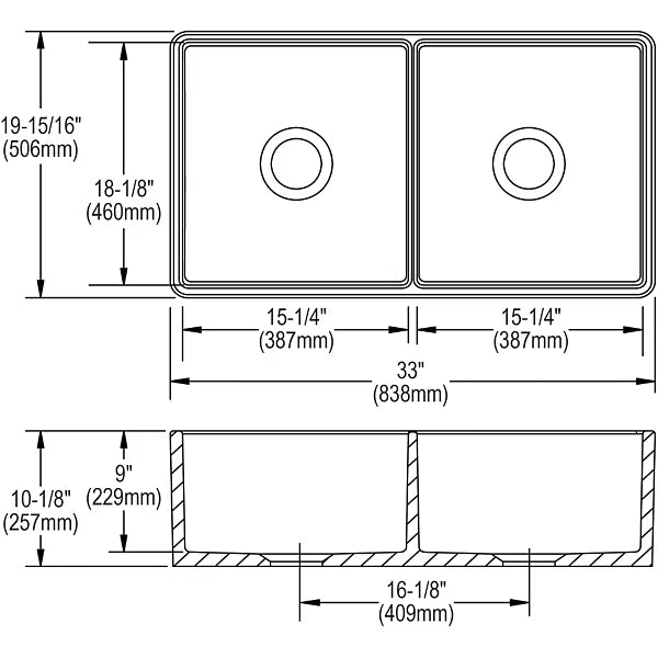 Elkay Fireclay 33" x 19-15/16" x 10-1/8", Equal Double Bowl Farmhouse Sink