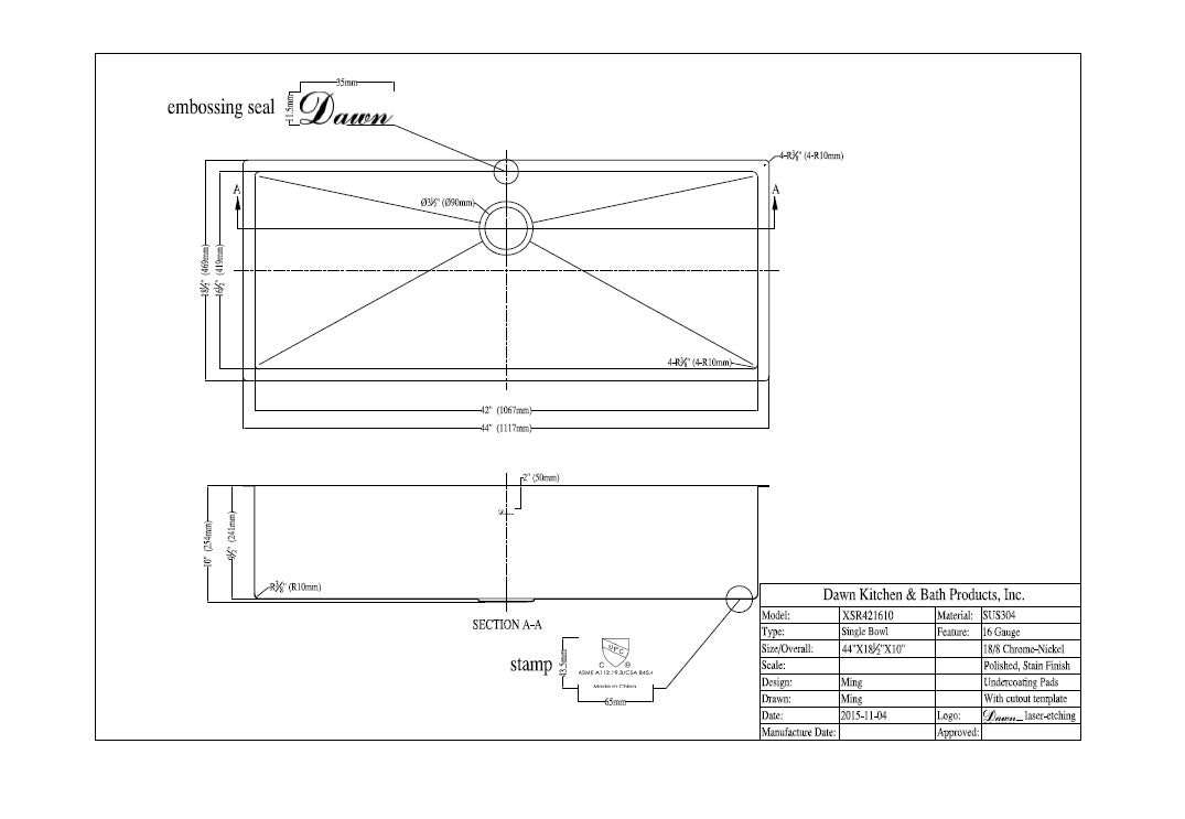 Extra Large Single Bowl 44" Kitchen Sink with Small Radius Corners