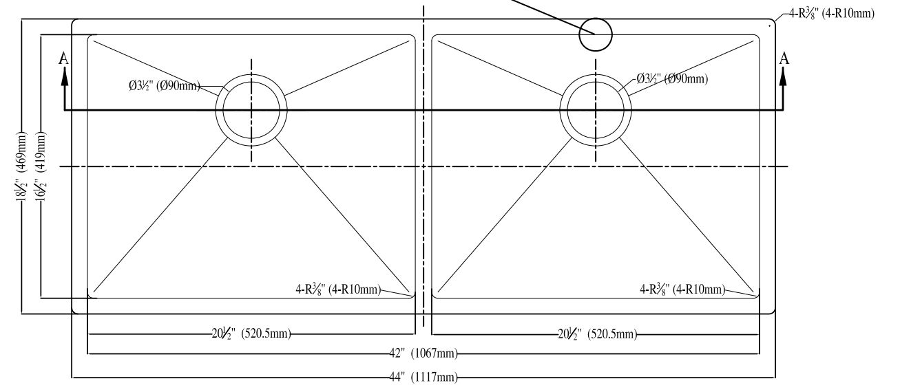 Extra Large 44" Equal Double Bowl Kitchen Sink with Small Radius Corners