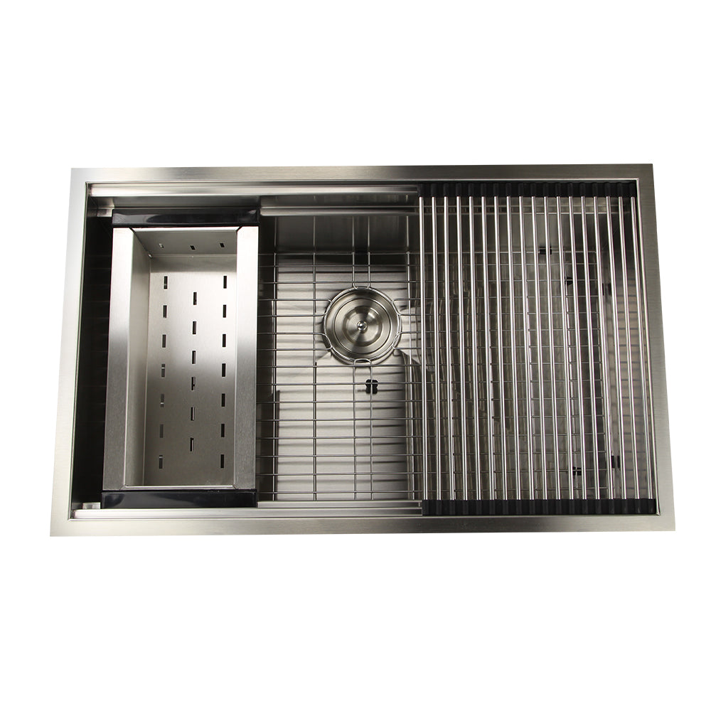 Nantucket Sinks ZR-PS-3220-16 - 32" Pro Series Workstation Undermount Stainless Steel Kitchen Sink, with Included Rolling Mat, Grid, Colander, and Drain.