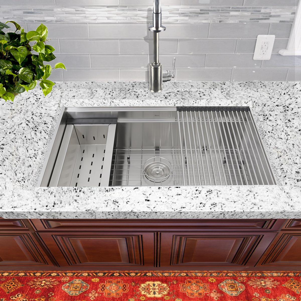 Nantucket Sinks ZR-PS-3220-16 - 32" Pro Series Workstation Undermount Stainless Steel Kitchen Sink, with Included Rolling Mat, Grid, Colander, and Drain.