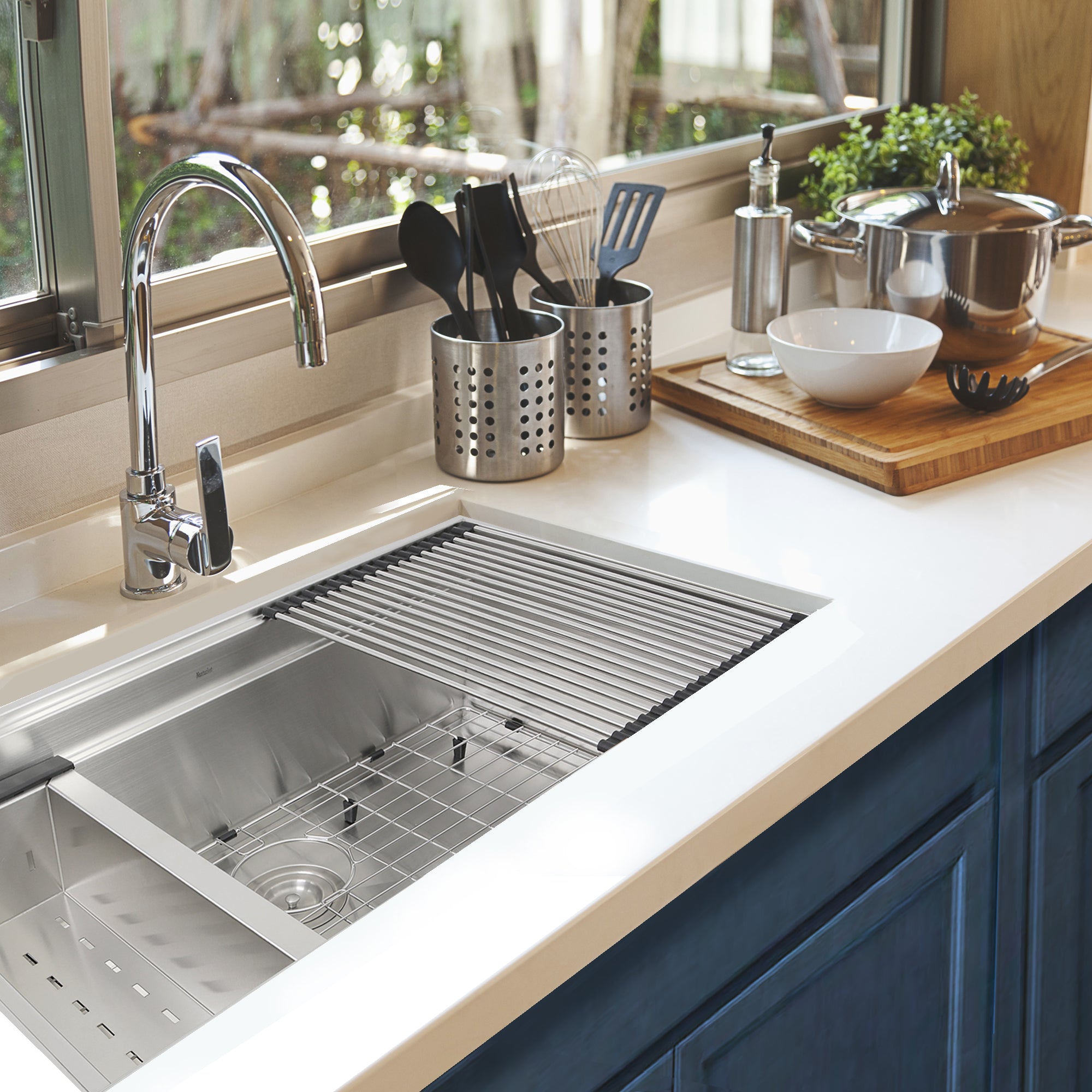 Nantucket Sinks ZR-PS-3220-16 - 32" Pro Series Workstation Undermount Stainless Steel Kitchen Sink, with Included Rolling Mat, Grid, Colander, and Drain.