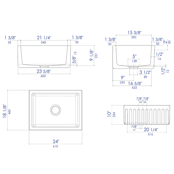 ALFI 24" Matte Black Reversible Smooth/Fluted Single Bowl Fireclay Farm Sink