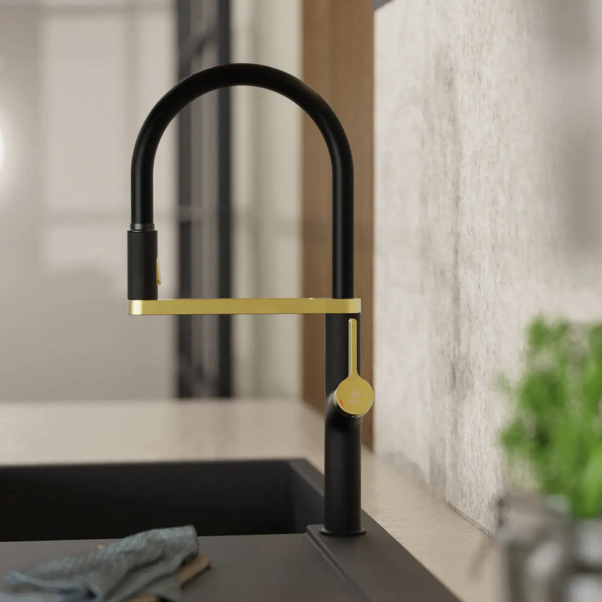 Wasserwerk Single Hole Pull Down Kitchen Faucet | Matte Black & Brushed Gold-DirectSinks