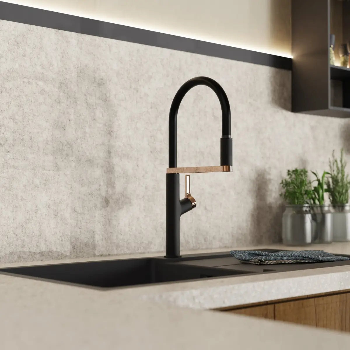 Wasserwerk Single Hole Pull Down Kitchen Faucet | Matte Black & Rose Gold-DirectSinks