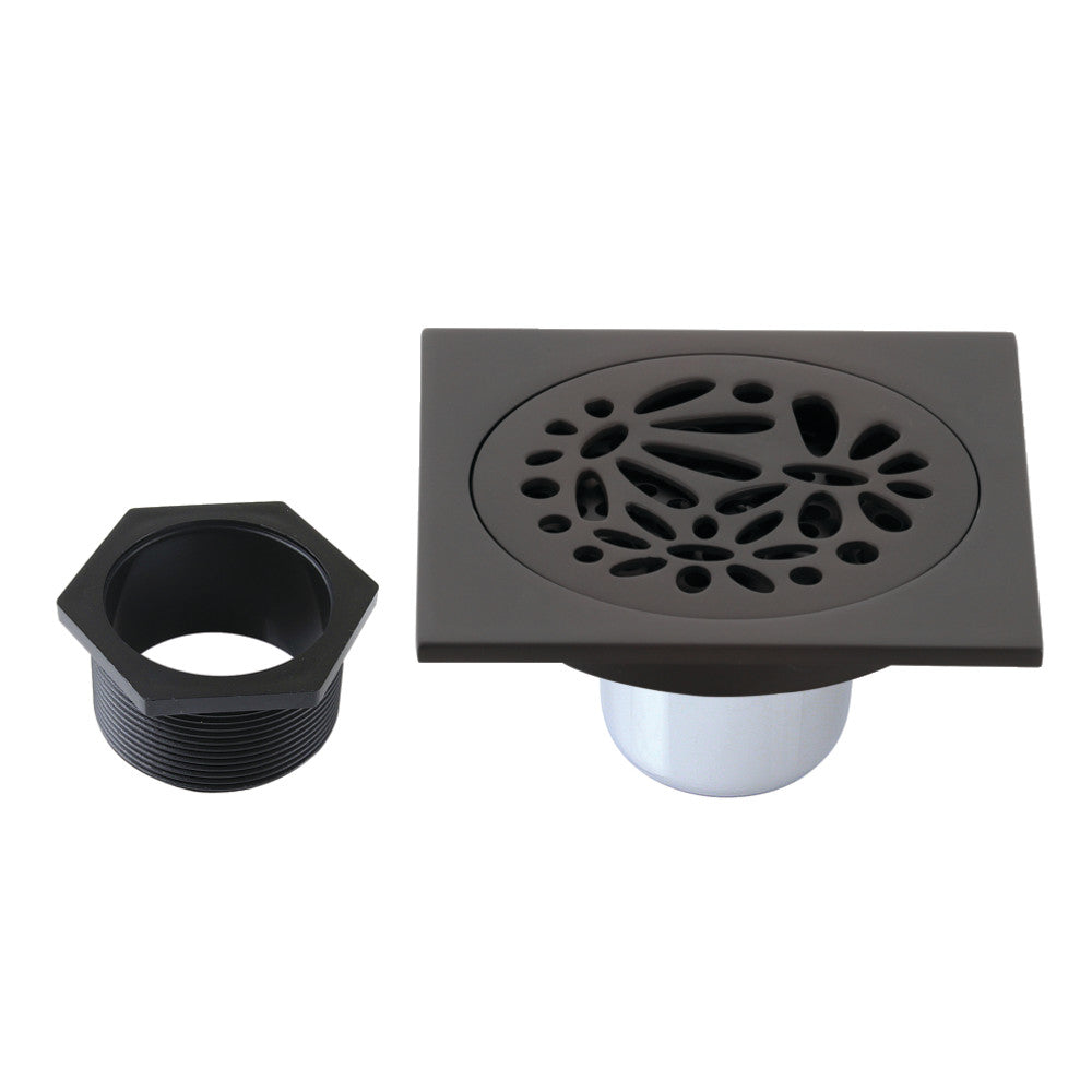 Floral 4" Brass Square Grid Shower Drain with Flange and Hair Trap-DirectSinks