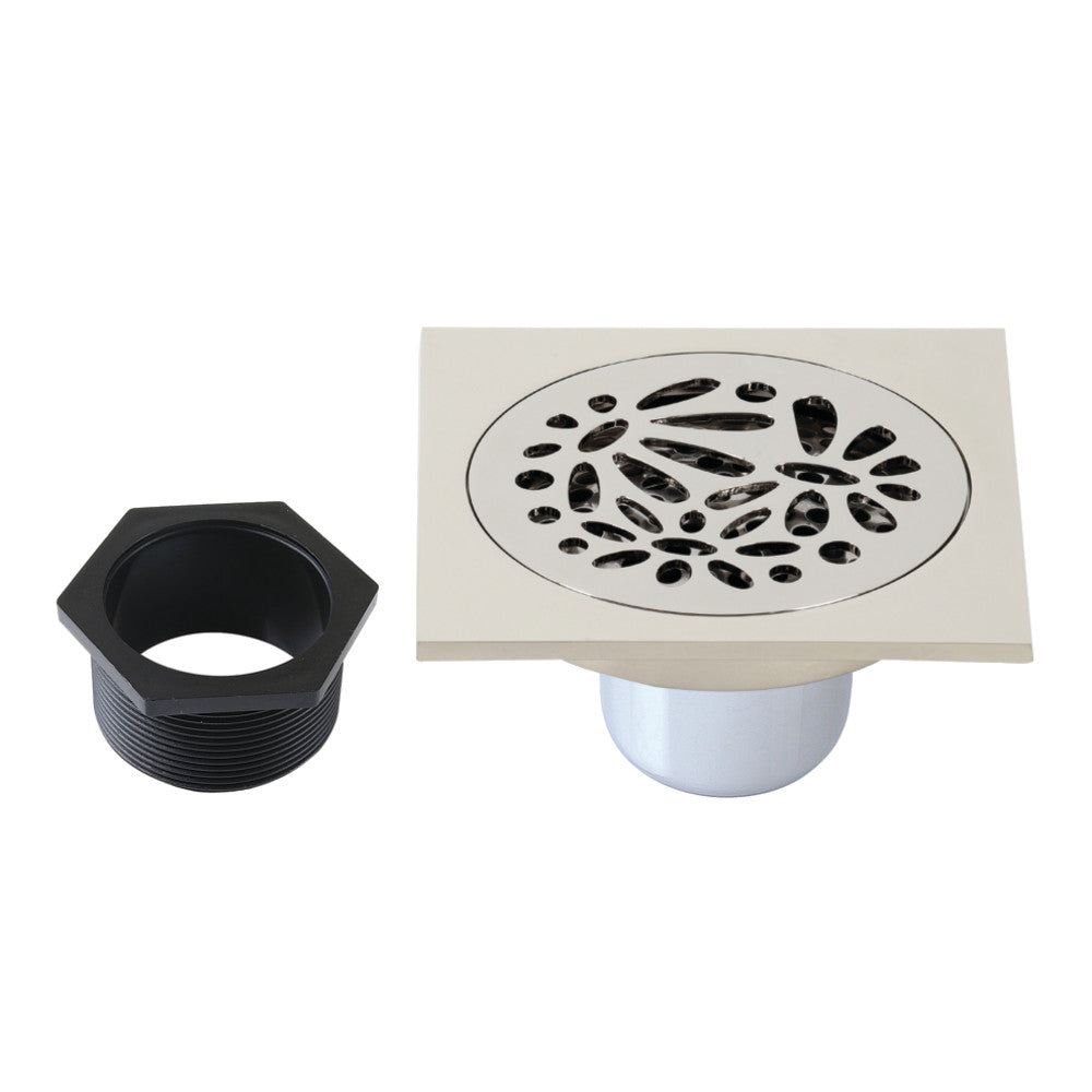 Floral 4" Brass Square Grid Shower Drain with Flange and Hair Trap-DirectSinks