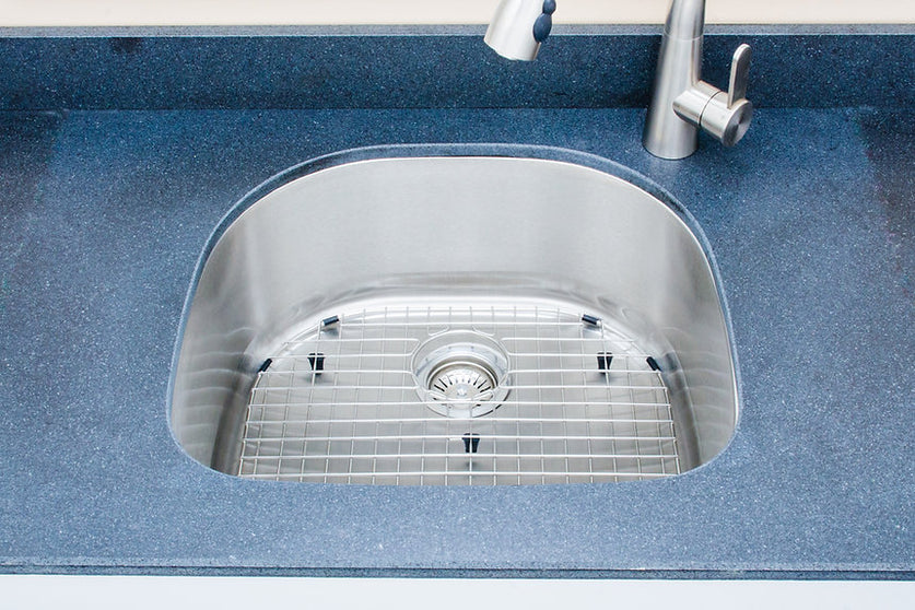 Wells Sinkware 24" 16-Gauge Undermount D-shaped Single Bowl Stainless Steel Kitchen Sink with Grid Rack and Basket Strainer
