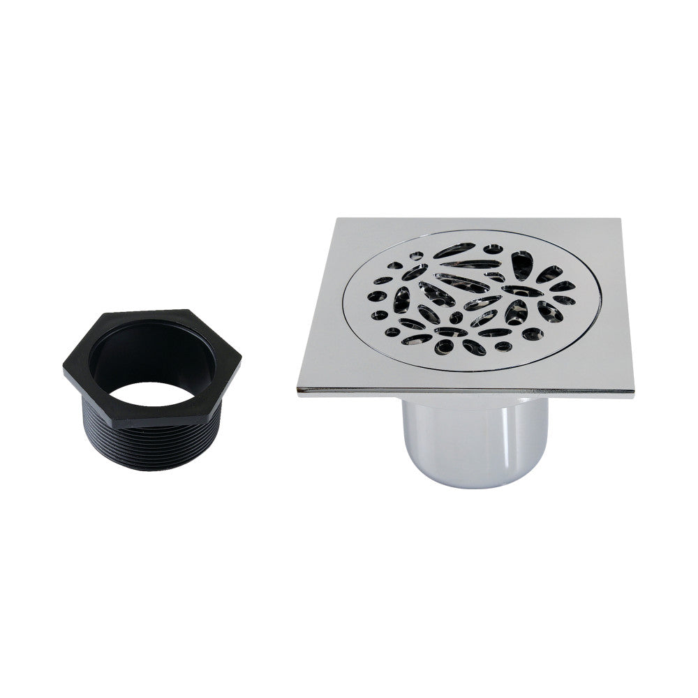 Floral 4" Brass Square Grid Shower Drain with Flange and Hair Trap-DirectSinks