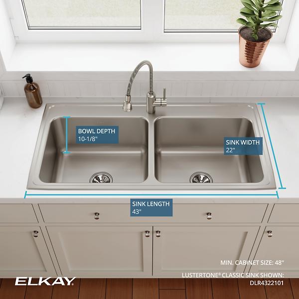 Elkay Lustertone Stainless 43" x 22" Equal Double Bowl Drop-in Sink