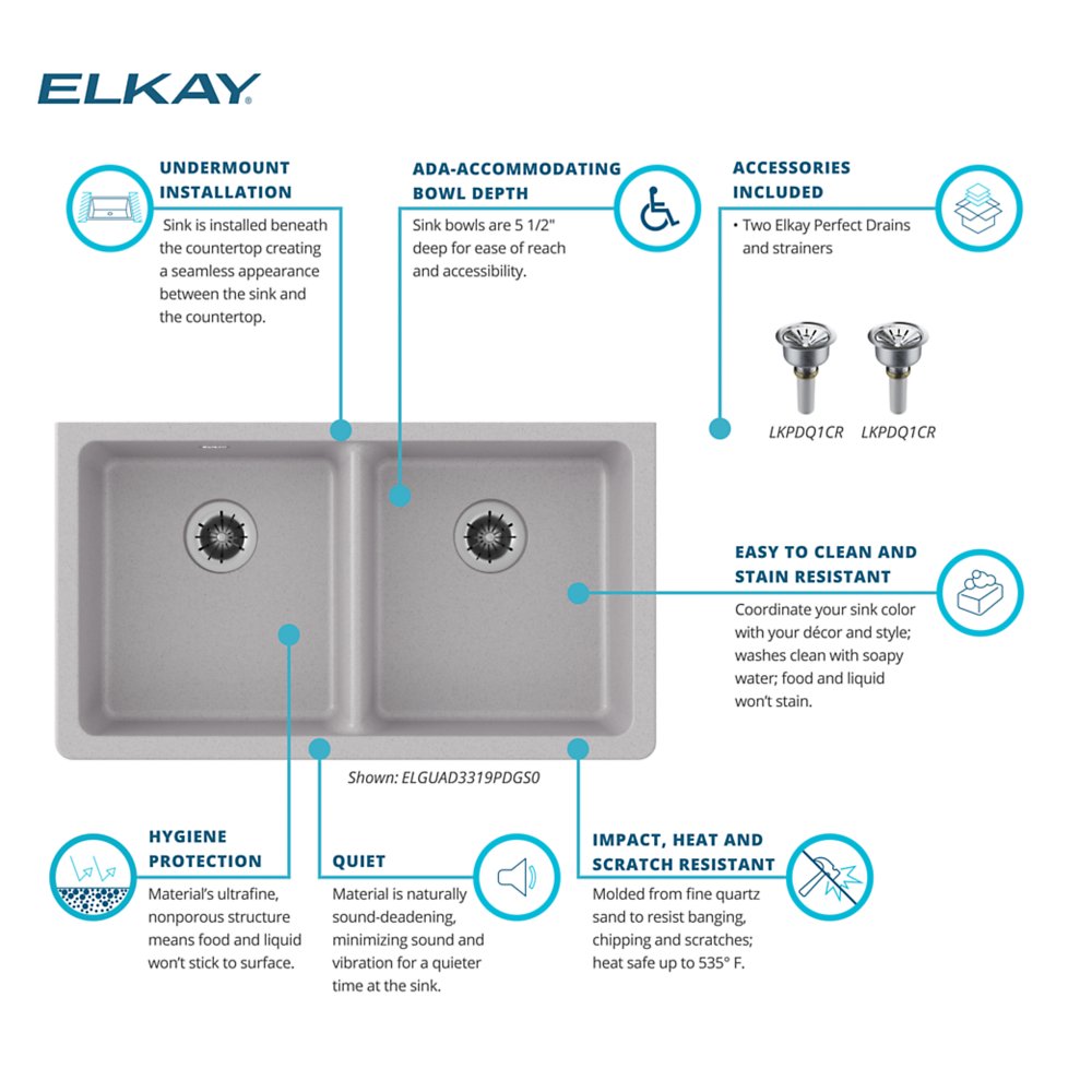 Elkay Quartz Classic 33" x 18-1/2" x 5-1/2", Undermount ADA Sink with Perfect Drain