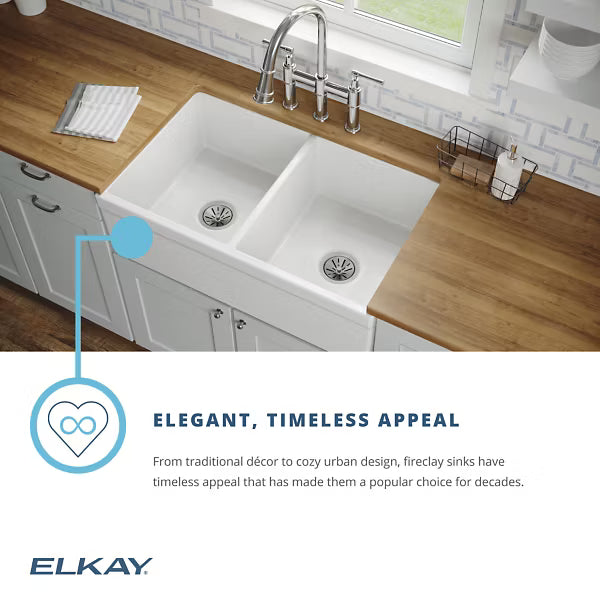 Elkay Fireclay 33" x 19-15/16" x 10-1/8", Equal Double Bowl Farmhouse Sink