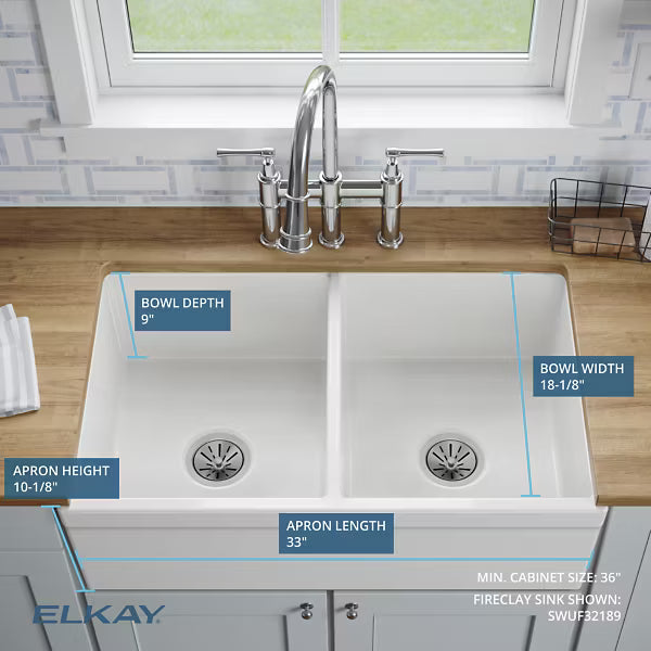 Elkay Fireclay 33" x 19-15/16" x 10-1/8", Equal Double Bowl Farmhouse Sink
