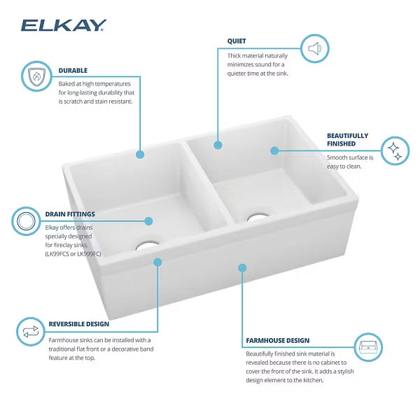 Elkay Fireclay 33" x 19-15/16" x 10-1/8", Equal Double Bowl Farmhouse Sink