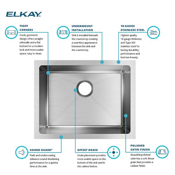 Elkay Crosstown 16 Gauge Stainless Steel, 23-1/2" x 18-1/4" x 10" Single Bowl Undermount Sink