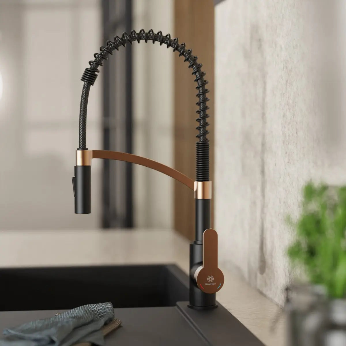 Wasserwerk Single Hole Pull Down Kitchen Faucet | Matte Black & Rose Gold-DirectSinks