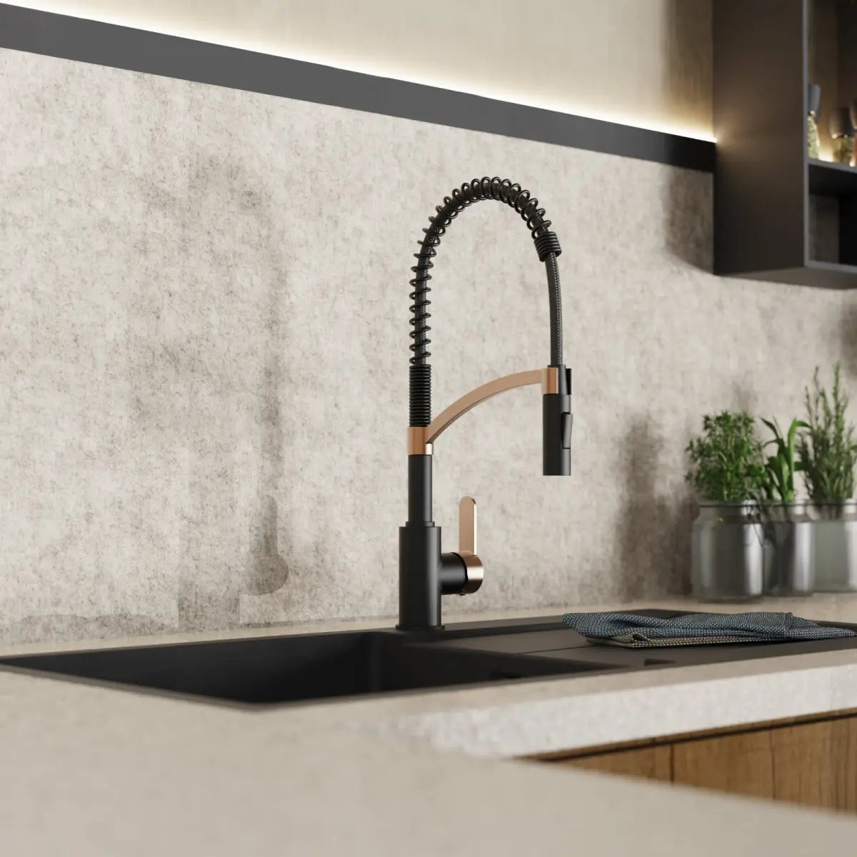 Wasserwerk Single Hole Pull Down Kitchen Faucet | Matte Black & Rose Gold-DirectSinks