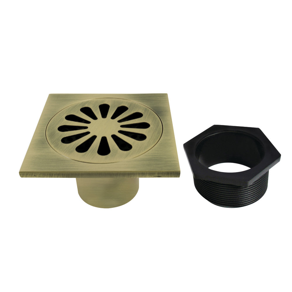 Sunburst 4" Brass Square Grid Shower Drain with Flange and Hair Trap-DirectSinks