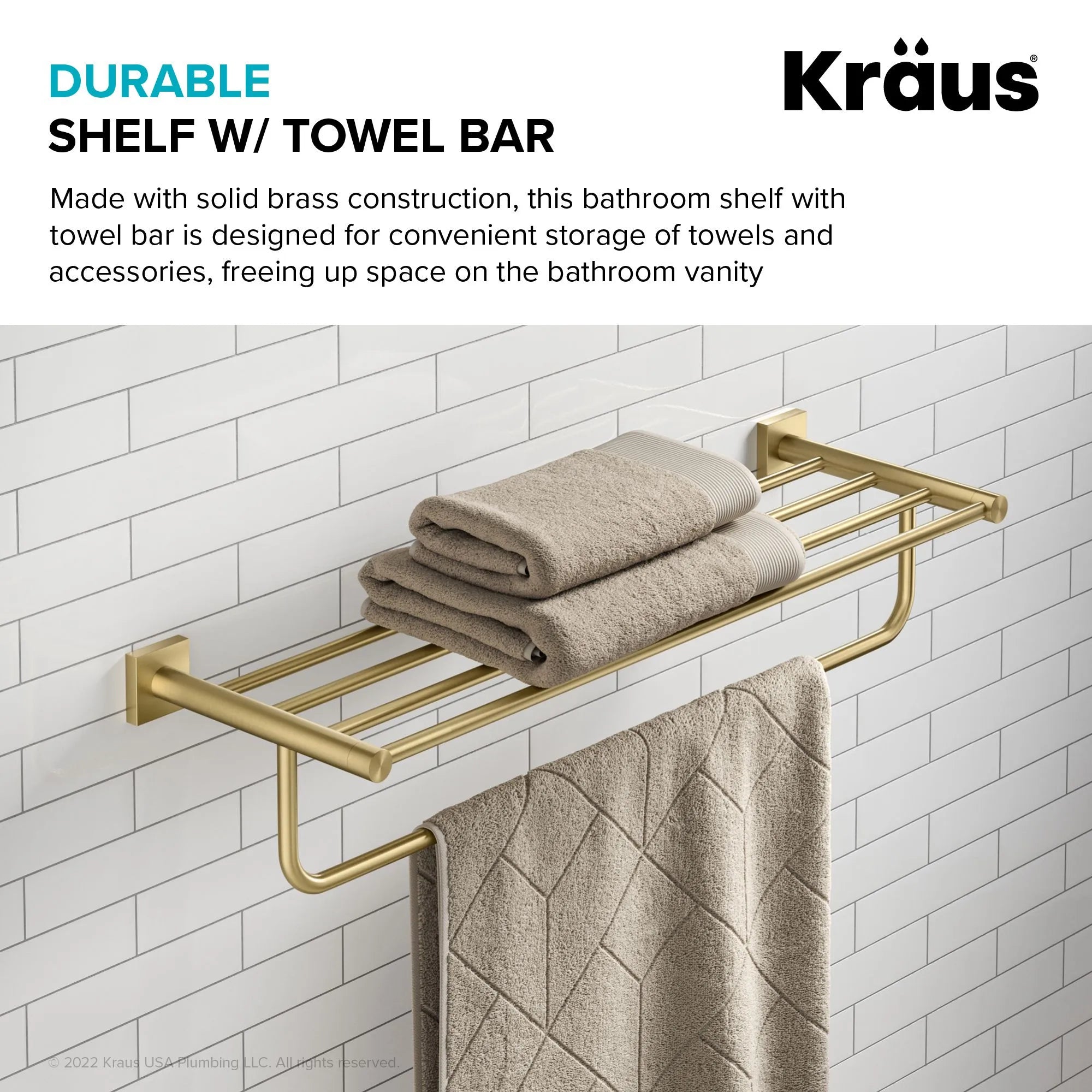 KRAUS Ventus Bathroom Shelf with Towel Bar, Brushed Gold Finish