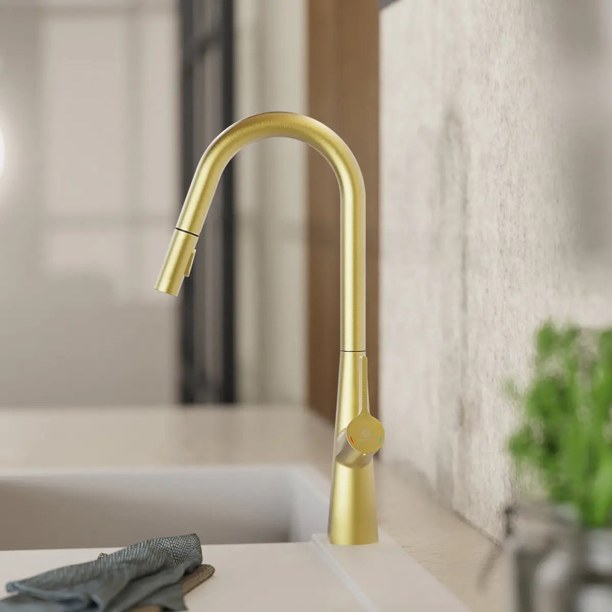 Wasserwerk Kitchen Faucet with Curved Spout Pull-Down Sprayer in Brushed Gold