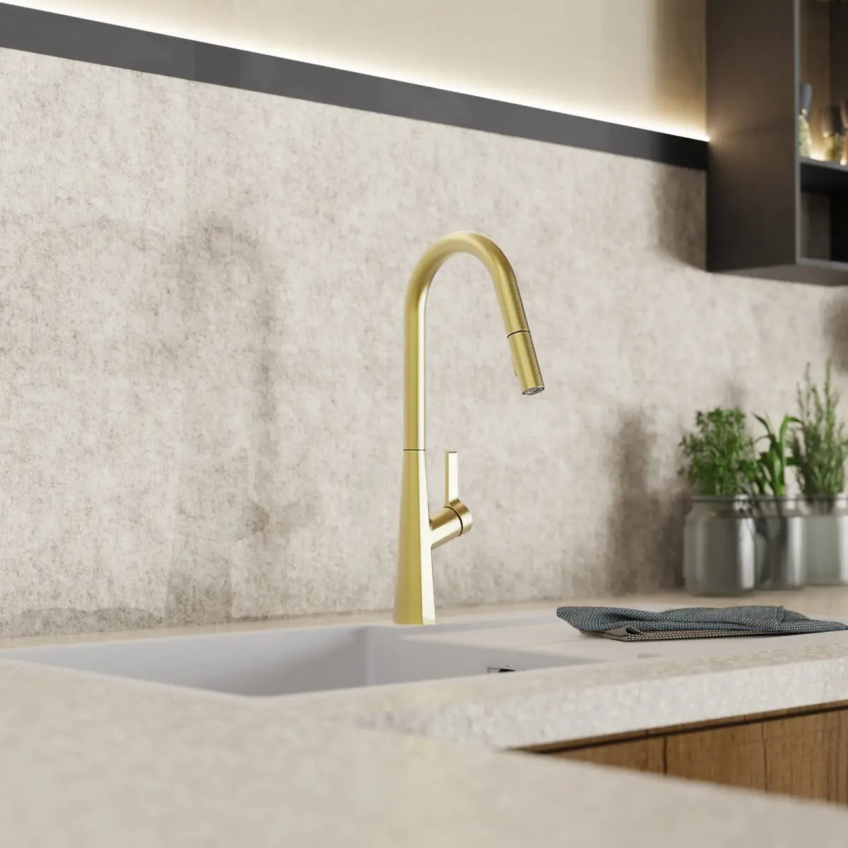 Wasserwerk Kitchen Faucet with Curved Spout Pull-Down Sprayer in Brushed Gold