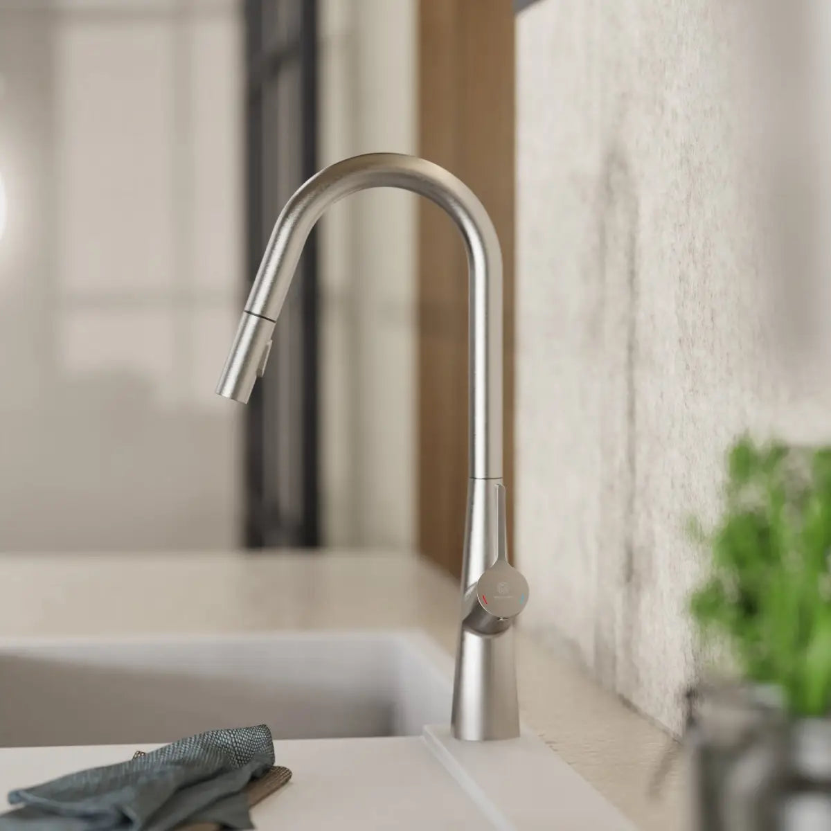 Wasserwerk Kitchen Faucet with Curved Spout Pull-Down Sprayer in Brushed Nickel