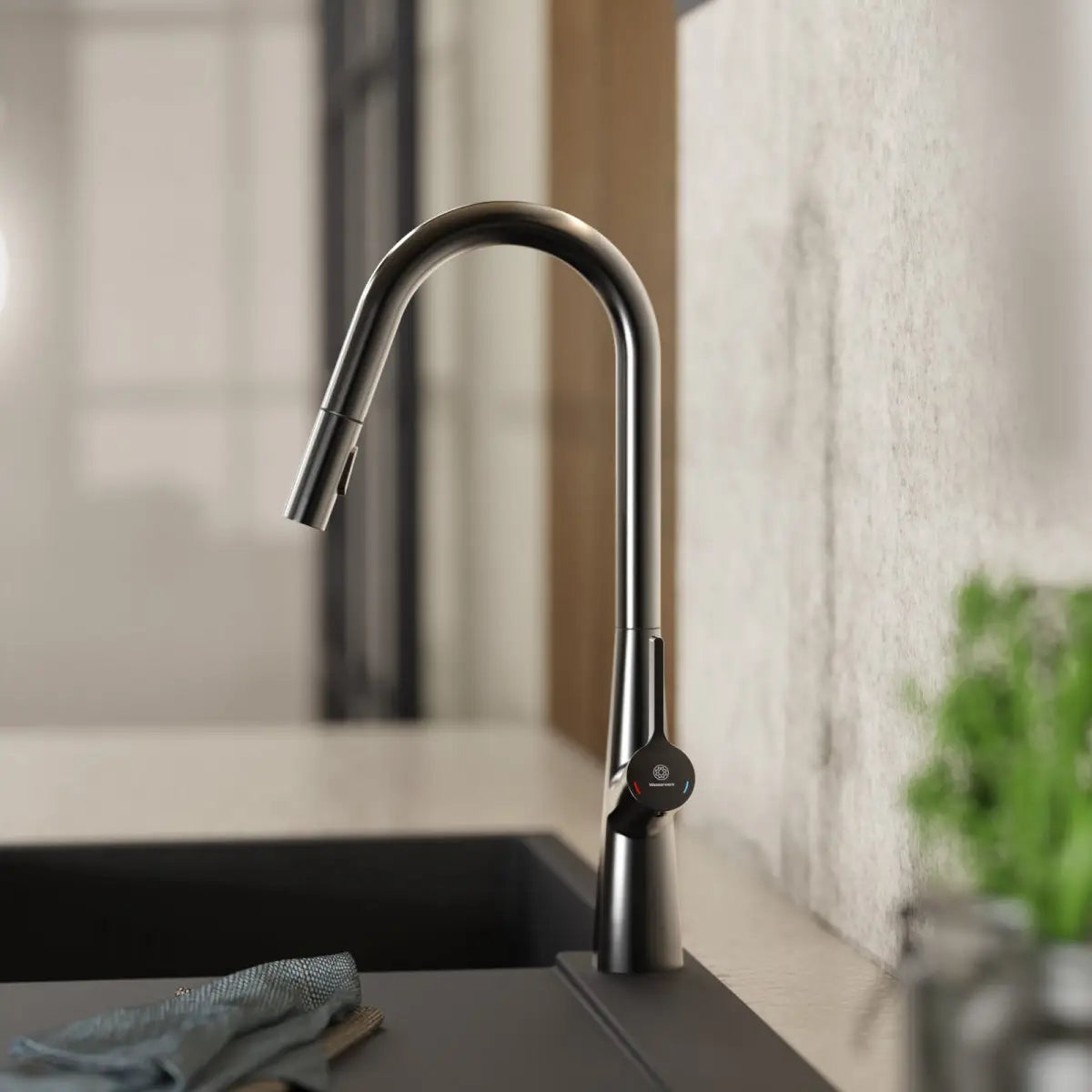 Wasserwerk Kitchen Faucet with Curved Spout Pull-Down Sprayer in Matte Graphite