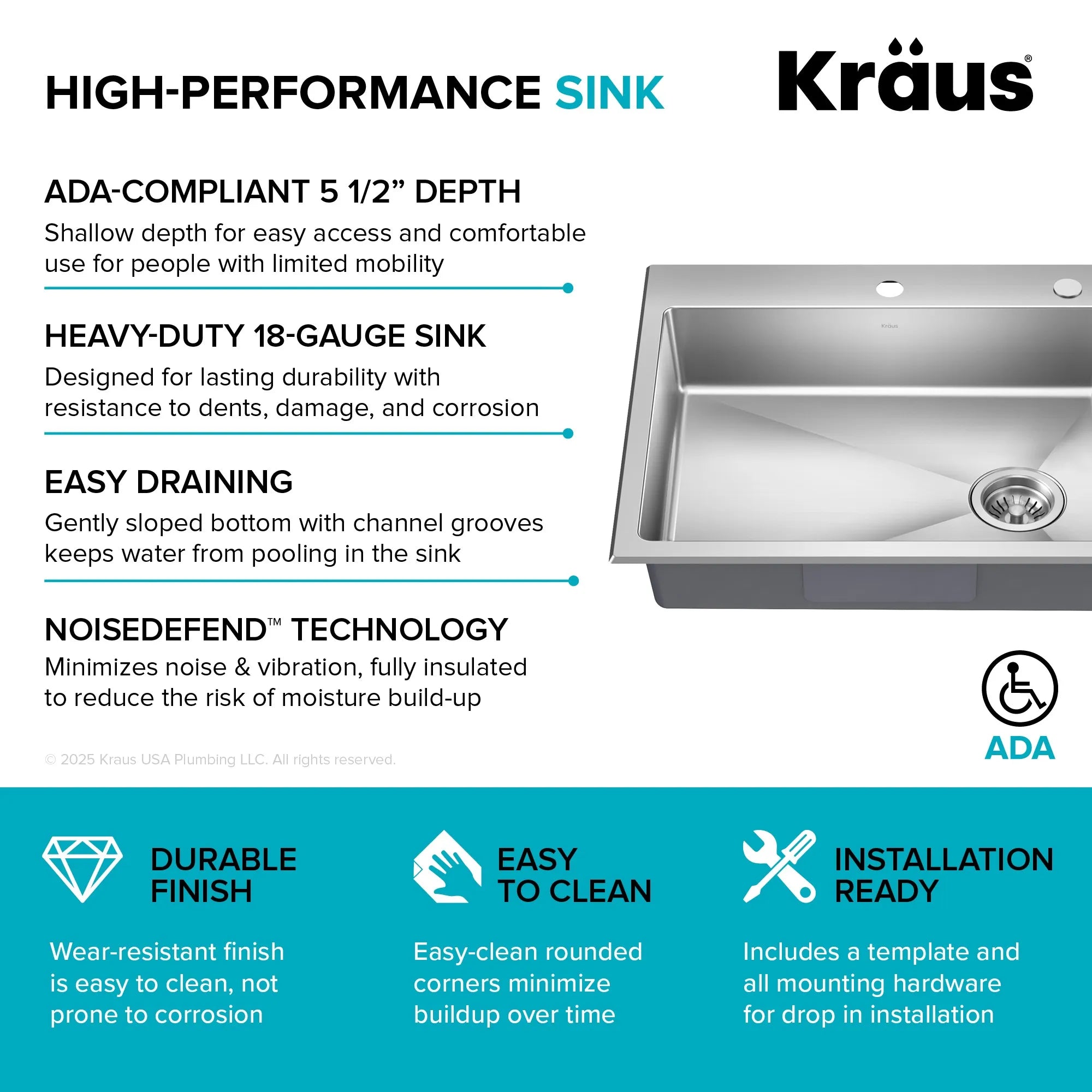 KRAUS 25” Topmount ADA Single Bowl Stainless Steel Kitchen Sink