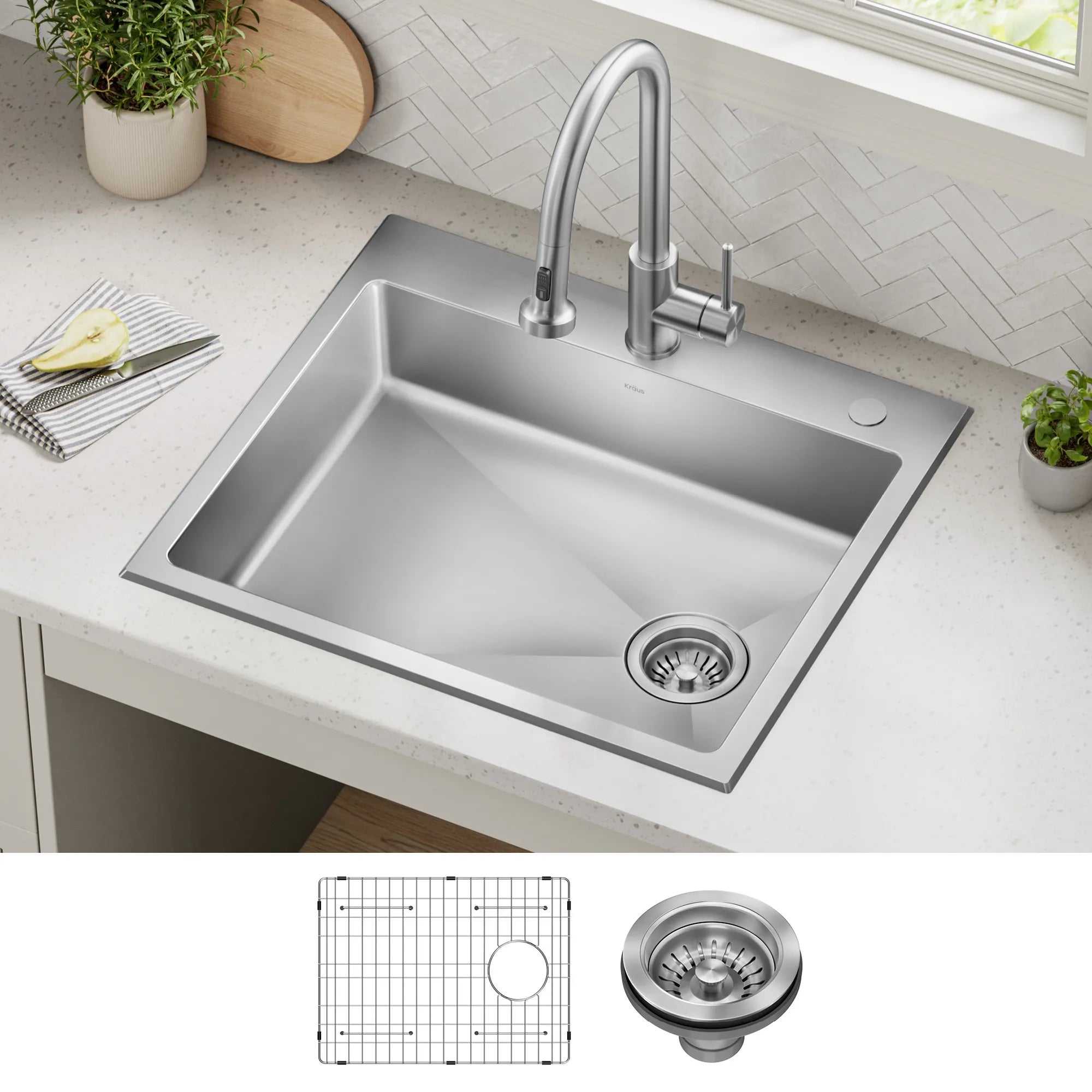 KRAUS 25” Topmount ADA Single Bowl Stainless Steel Kitchen Sink