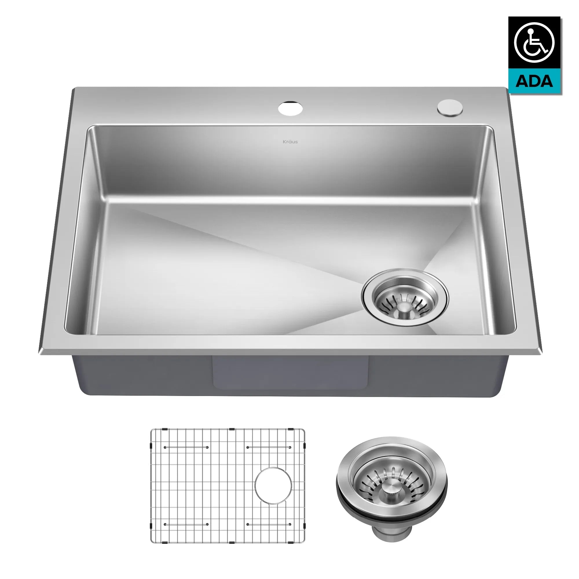 KRAUS 25” Topmount ADA Single Bowl Stainless Steel Kitchen Sink