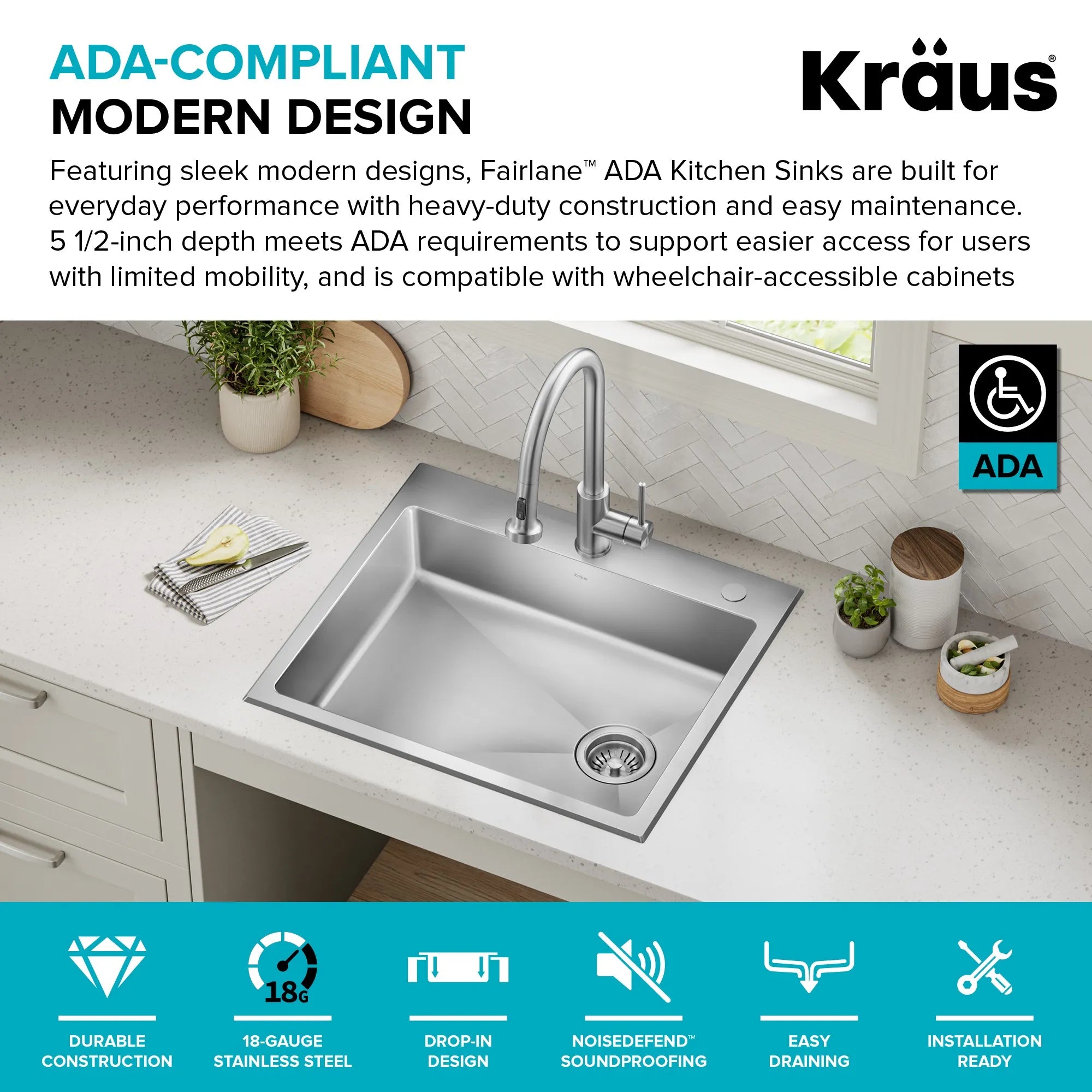 KRAUS 25” Topmount ADA Single Bowl Stainless Steel Kitchen Sink