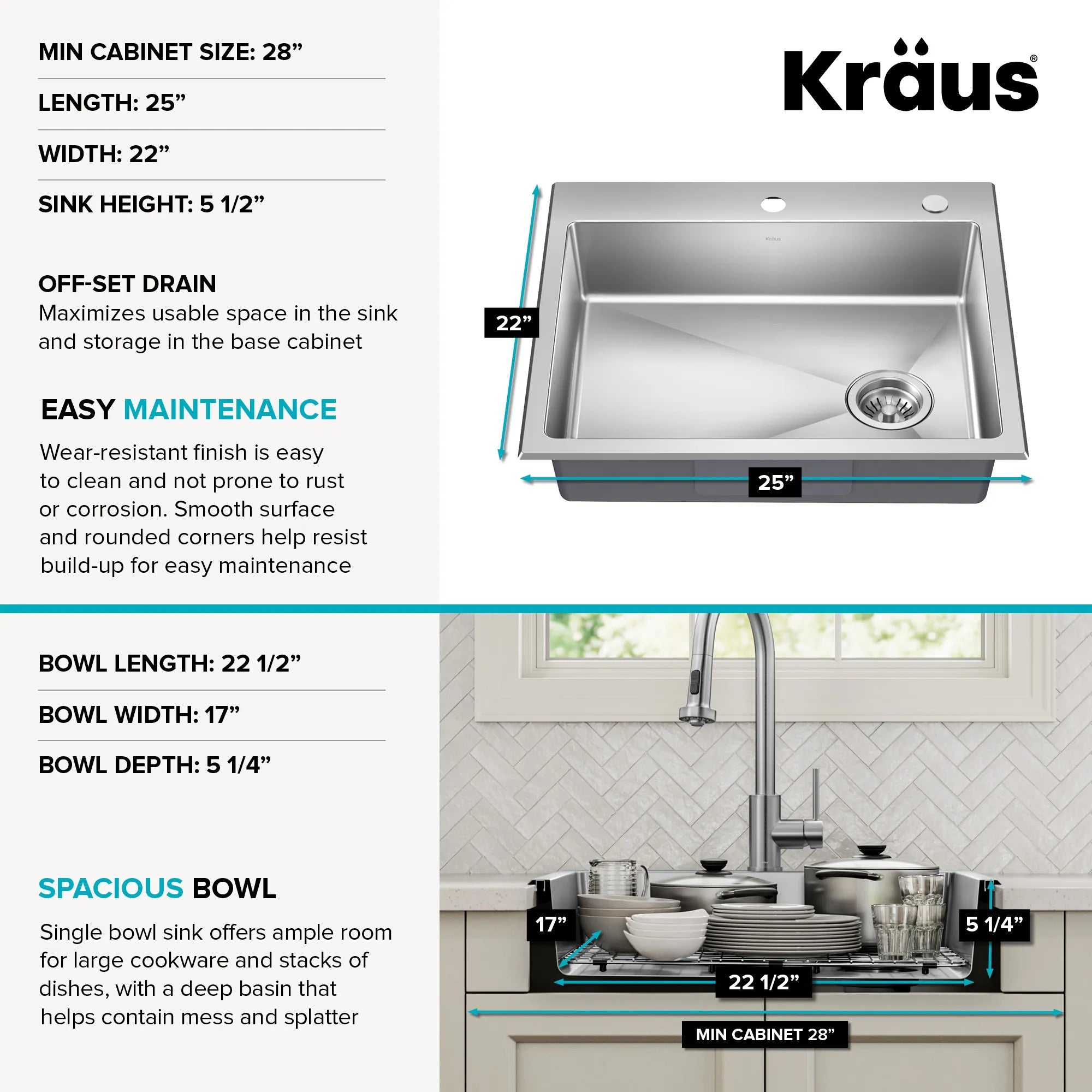 KRAUS 25” Topmount ADA Single Bowl Stainless Steel Kitchen Sink