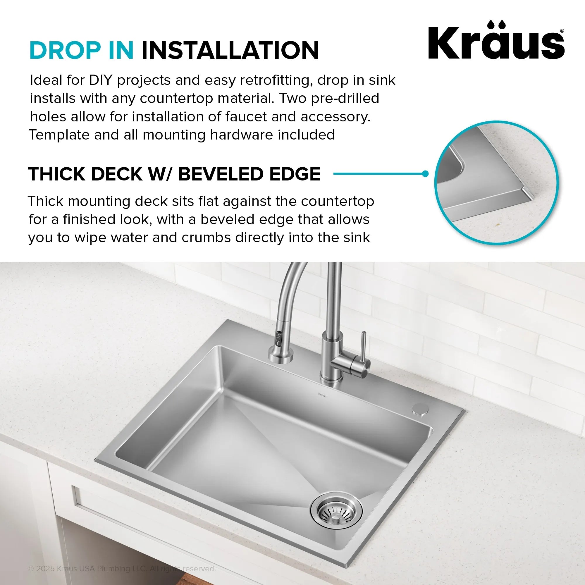 KRAUS 25” Topmount ADA Single Bowl Stainless Steel Kitchen Sink