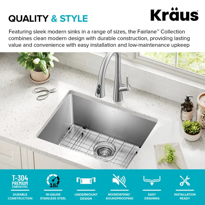 KRAUS Fairlane 24” Undermount Single Bowl 18-Gauge Stainless Steel Kitchen Sink