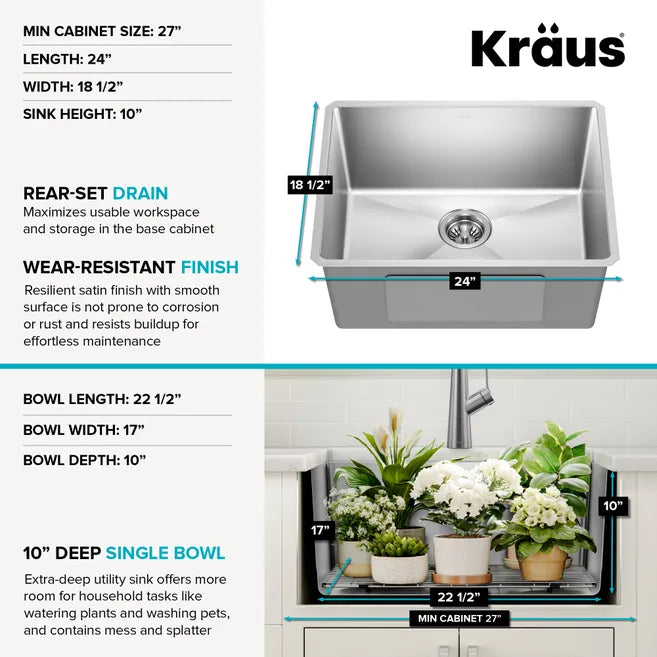KRAUS Fairlane 24” Undermount Single Bowl 18-Gauge Stainless Steel Kitchen Sink